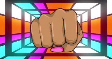 Neon tünelin üzerinde kadın yumruğu animasyonu. Kadın hakları ve eşitlik kavramı dijital olarak oluşturulmuş video.