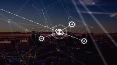 Animation of network of connections with icons over cityscape. Global connections, computing and digital interface concept digitally generated video.