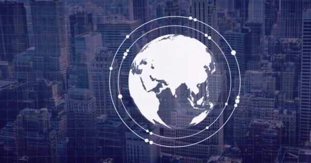 Анімація Обробки Фінансових Даних Над Міським Пейзажем Глобальний Бізнес Фінанси — стокове відео