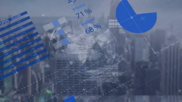 Animação Interface Infográfica Sobre Ícones Redor Globo Contra Vista Aérea — Vídeo de Stock