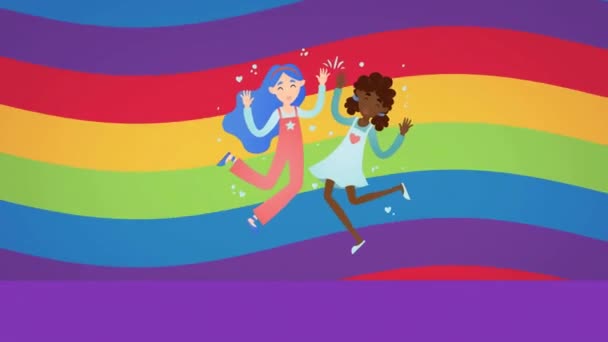 Анімація Жіночої Пари Танцює Над Веселковими Квітами Веселковим Тлом Гордість — стокове відео