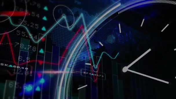Animación Del Procesamiento Datos Financieros Través Del Reloj Negocios Globales — Vídeo de stock