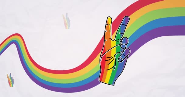 彩虹背景上的彩虹胜利标志的动画 Pride Month Lgbt Equality Human Rights Concept Digital Generated — 图库视频影像