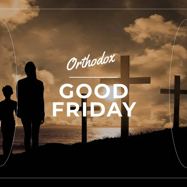 Image of good friday text over silhouette of couple holding hands and crosses. Good friday and celebration concept digitally generated image.