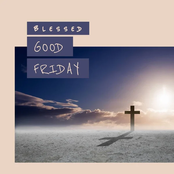 Image of blessed good friday text over clouds and cross. Blessed good friday, faith and celebration concept digitally generated image.