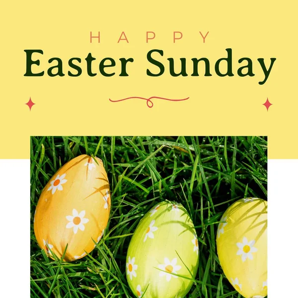 Image of happy easter sunday text over easter eggs on grass. Easter sunday and celebration concept digitally generated image.