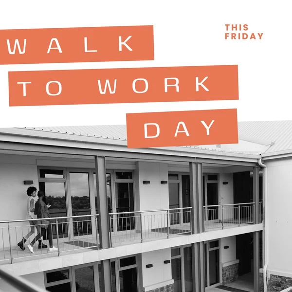 Image of walk to work day text over diverse business people walking in office. Walk to work day and celebration concept digitally generated image.