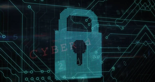 Security padlock icon and cyber security data processing against microprocessor connections. cyber security technology concept