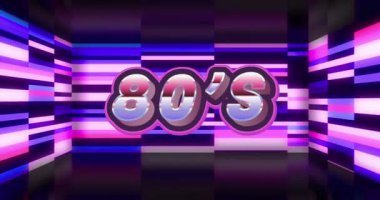 80 'lerin metinlerinin animasyonu siyah arkaplanda renkli şekiller üzerinde. Geçmişe dönük gelecek, renk ve arkaplan kavramı dijital olarak oluşturulmuş video.