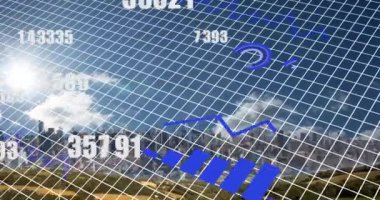 Animation of financial data processing over cityscape. Global business, finances, computing and data processing concept digitally generated video.