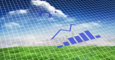 Animation of financial data processing over landscape. Global business, finances, computing and data processing concept digitally generated video.