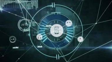 Telefon ve müzik simgelerinin, daire ve bilgisayar dili üzerindeki çizgilere bağlanması. Dijital olarak üretilmiş, çoklu pozlama, ses, teknoloji, veritabanı, kodlama ve gelecekçi konsept.