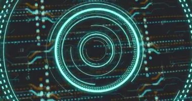 Devre kartı üzerinden bağlantı ve veri işleme animasyonu. Dijital arayüz, bulut hesaplama ve veri işleme kavramı dijital olarak oluşturuldu.