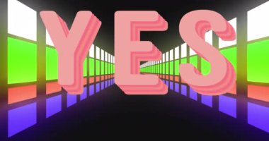 Siyah arkaplanda renkli şekiller üzerine evet metninin animasyonu. Geçmişe dönük gelecek, renk ve arkaplan kavramı dijital olarak oluşturulmuş video.