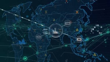 Siyah arkaplanda simgelerle ve dünya haritasıyla bağlantı ağının animasyonu. Dijital olarak oluşturulmuş küresel bağlantılar, bilgisayar ve dijital arayüz kavramı.