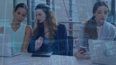 Animation of financial data processing over diverse business people. Global business, finances, computing and data processing concept digitally generated video.