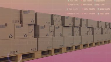 Karton kutular üzerinde finansal veri işleme animasyonu. Küresel sevkiyat, iş, finans, bilgisayar ve veri işleme kavramı dijital olarak oluşturuldu.