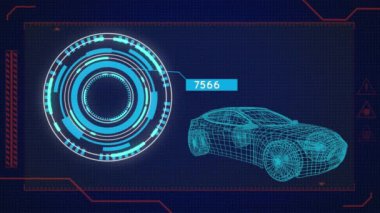 Değişen sayılarla aydınlatılmış dairelerin animasyonu ve mavi arka planda 3 boyutlu araba modeli. Dijital olarak üretilmiş, hologram, şekil, büyüme, ulaşım ve teknoloji kavramı.