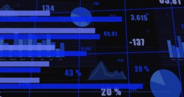 Şebeke arka planında finansal veri işleme animasyonu. Küresel iş, finans, hesaplama ve veri işleme kavramı dijital olarak oluşturulmuş video.