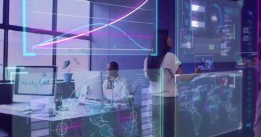 Animation of data processing over diverse business people working in office. Global business, finances, computing and data processing concept digitally generated video.