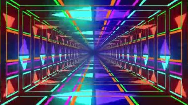 Renkli neon şekillerin animasyonu ve siyah arkaplanda dijital tünel. Soyut arkaplan, geçmişe dönük gelecek ve dijital olarak oluşturulmuş görüntü konsepti.