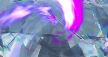 Kristal üzerinde hareket eden mor şekillerin animasyonu. Soyut arkaplan, geçmişe dönük gelecek ve dijital olarak oluşturulmuş görüntü konsepti.