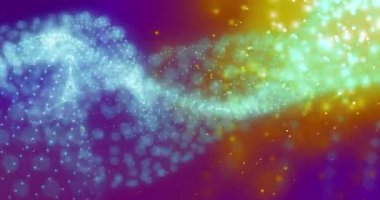 Sarı parlak ışık noktalarının canlandırması ve mor arkaplana karşı yeşil dijital dalga. İş teknolojisi arka plan kavramı