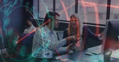 Animation of financial data processing over diverse business people in office. Global business, finances, computing and data processing concept digitally generated video.