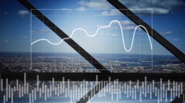 Animation of financial data processing over cityscape. Global business, finances, computing and data processing concept digitally generated video.