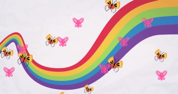Animation Butterflies Flying Rainbow White Background Spring Nature Concept Digitally — Stock Video