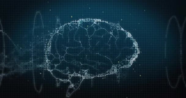 在蓝色背景上旋转人脑图标上方的白斑和数字波动画 医学研究和科学技术概念 — 图库视频影像