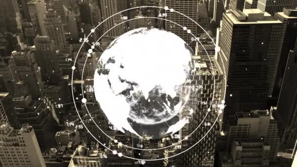 Animation Von Globus Und Datenverarbeitung Über Der Stadt Globales Geschäfts — Stockvideo