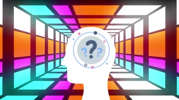 霓虹灯隧道上带有疑问号的人脑动画 思考和认知概念数字生成的视频 — 图库视频影像
