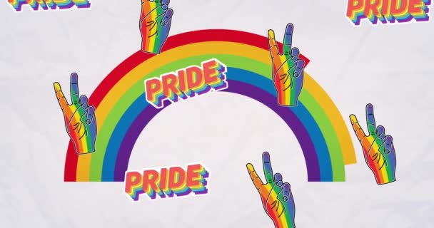 彩虹自豪文字的动画和彩虹背景上的胜利标志 Pride Month Lgbt Equality Human Rights Concept Digital Generated — 图库视频影像