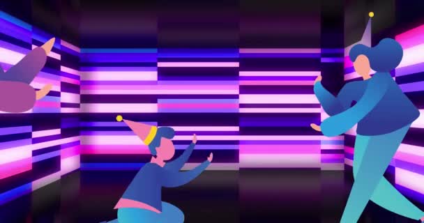 Анімація Святкування Іконок Людей Над Фіолетовими Синіми Мерехтячими Фігурами Чорному — стокове відео