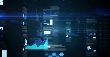 Siyah arkaplandaki diyagramların üzerindeki veri işleme ve ışık noktalarının resmi. Küresel iş ve dijital arayüz kavramı dijital olarak oluşturulmuş görüntü.