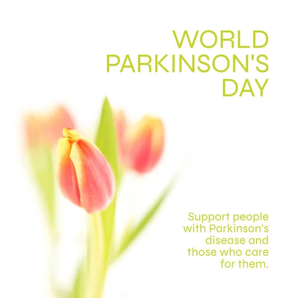 Image of world parkinson\'s day text over colourful flowers with copy space. World parkinson\'s day and celebration concept digitally generated image.