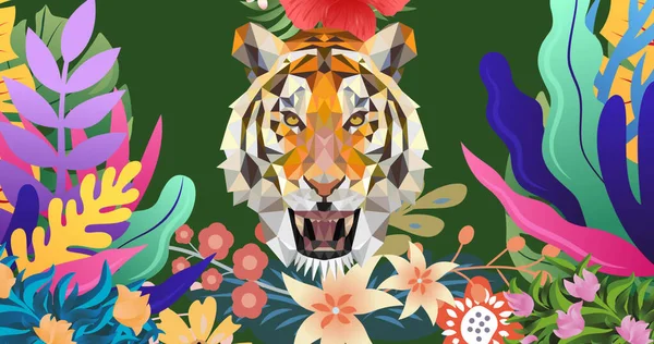 Ilustracja Tygrysa Kwiatami Roślinami Zielonym Tle Koncepcja Dzikich Zwierząt Przyrody — Zdjęcie stockowe