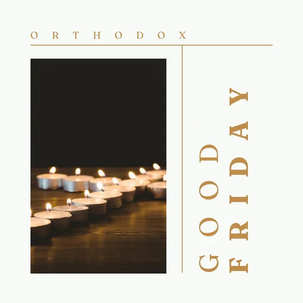 Image of orthodox good friday text over cross of candles. Good friday and celebration concept digitally generated image.