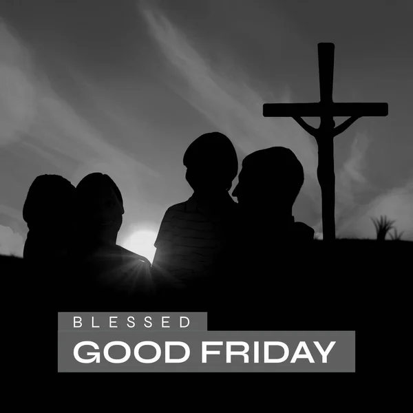 Image of blessed good friday text over silhouette of family and cross. Blessed good friday, faith and celebration concept digitally generated image.