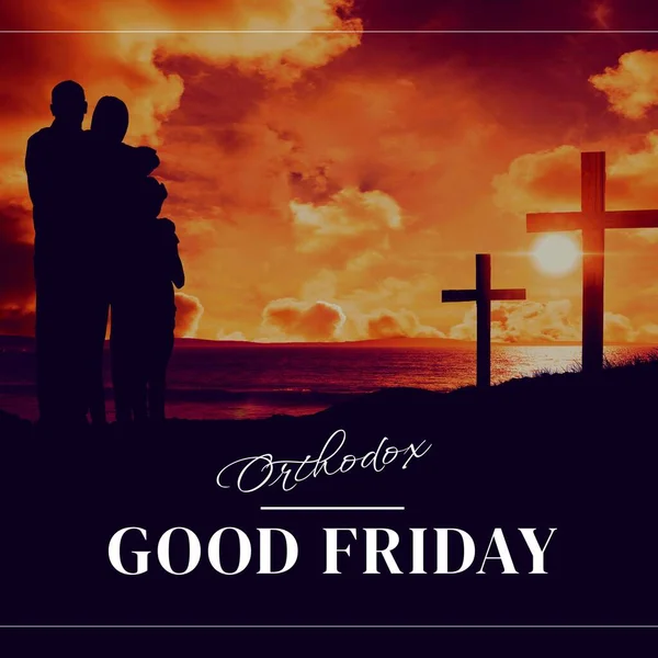 Image of good friday text over silhouette of family embracing and crosses. Good friday and celebration concept digitally generated image.