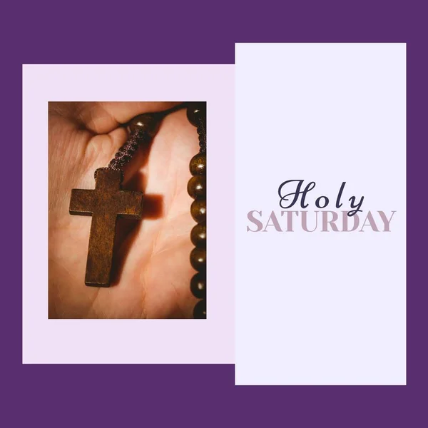 Image Holy Saturday Text Hand Holding Rosary Holy Saturday Celebration — Stock Photo, Image