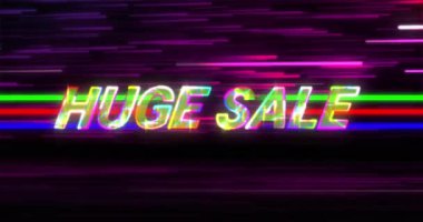 Siyah arka plandaki ışık yollarının üzerindeki büyük satış metinlerinin animasyonu. Geçmişe dönük gelecek, renk ve arkaplan kavramı dijital olarak oluşturulmuş video.