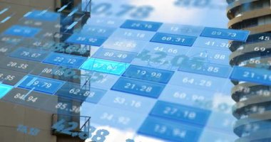 Animation of financial data processing over cityscape. Global business, finances, computing and data processing concept digitally generated video.