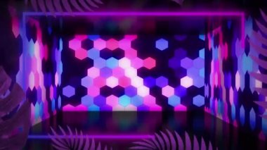 Siyah arkaplanda neon şekillerin ve yaprakların animasyonu. Soyut arkaplan, geçmişe dönük gelecek ve dijital olarak oluşturulmuş görüntü konsepti.