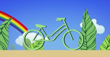 Yeşil bisiklet animasyonu ve mavi arka planda gökkuşağının üzerindeki yapraklar. Bahar ve doğa konsepti dijital olarak oluşturulmuş video.