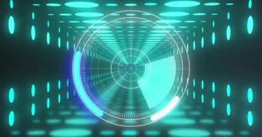 Neon tüneli üzerinde tarama ve veri işleme alanının animasyonu. Küresel iş, finans, dijital arayüz, hesaplama ve veri işleme kavramı dijital olarak oluşturulmuş video.