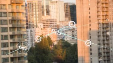 Şehir manzarası üzerindeki simgelerle bağlantı ağının animasyonu. Küresel ağlar, işletmeler, finansmanlar, hesaplama ve veri işleme kavramı dijital olarak oluşturuldu.