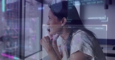 Animation of financial data processing over biracial businesswoman using smartphone. Global business, finances, computing and data processing concept digitally generated video.