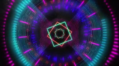 Kapsam taramasında hareket eden neon şekillerin animasyonu. Soyut arkaplan, geçmişe dönük gelecek ve dijital olarak oluşturulmuş görüntü konsepti.